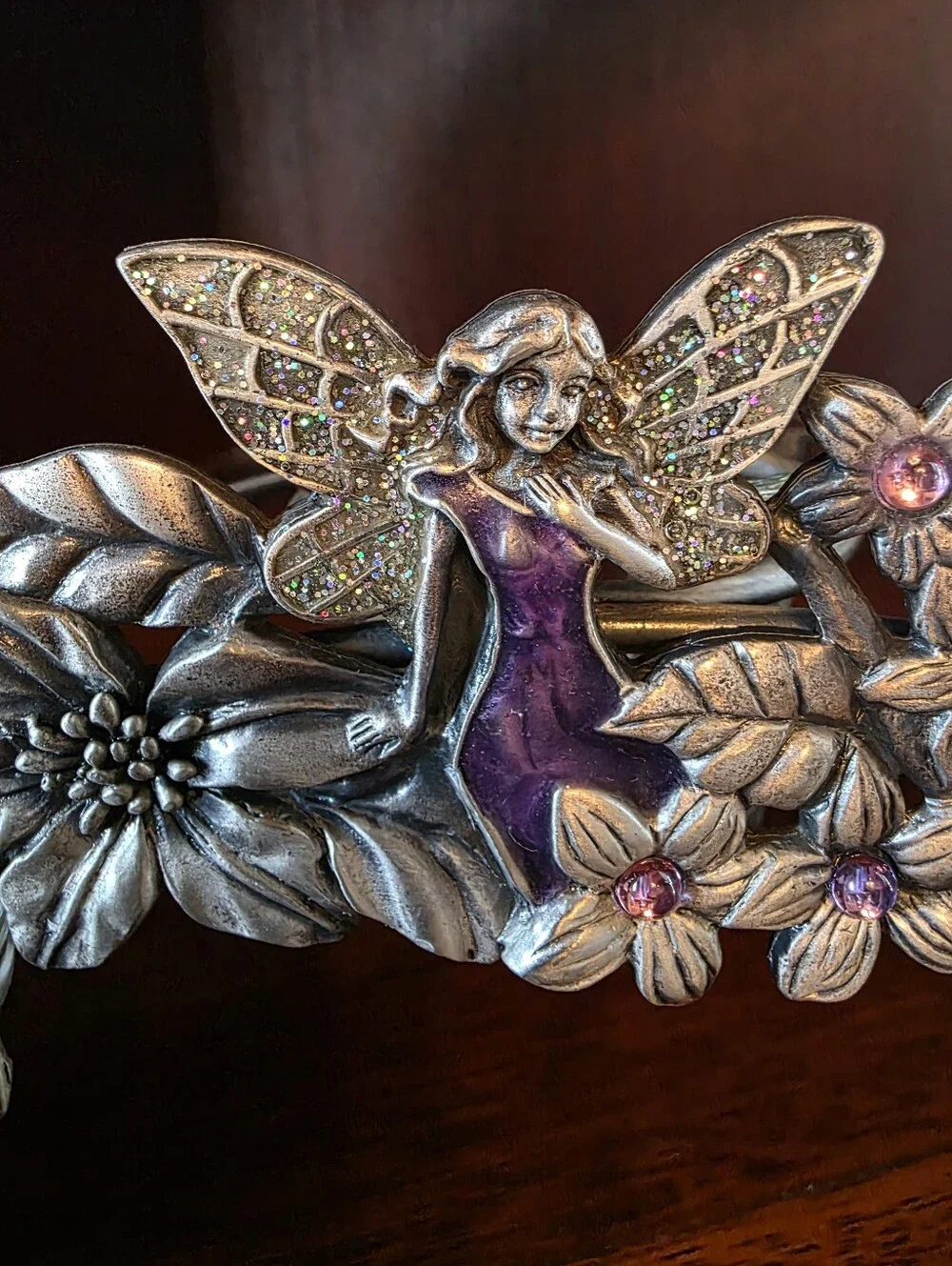 Vintage Westland Fairy Jeweled Pewter Floral Triple Votive Tealight Holder